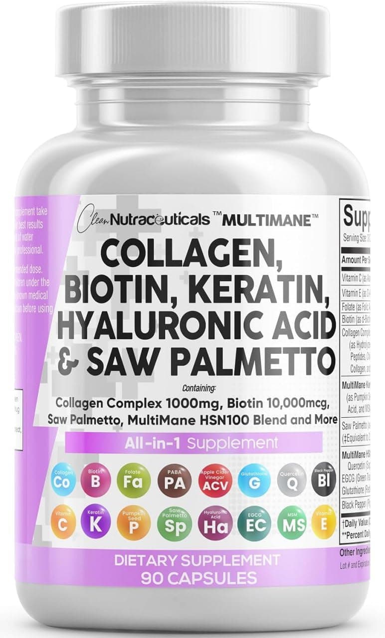 Clean Nutraceuticals Collagen Pills 1000mg Biotin 10000mcg Keratin Saw Palmetto Hyaluronic Acid - Hair Skin & Nails Vitamins & DHT Blocker with Vitamin E Folic Acid Pumpkin Seed MSM - 90 Count