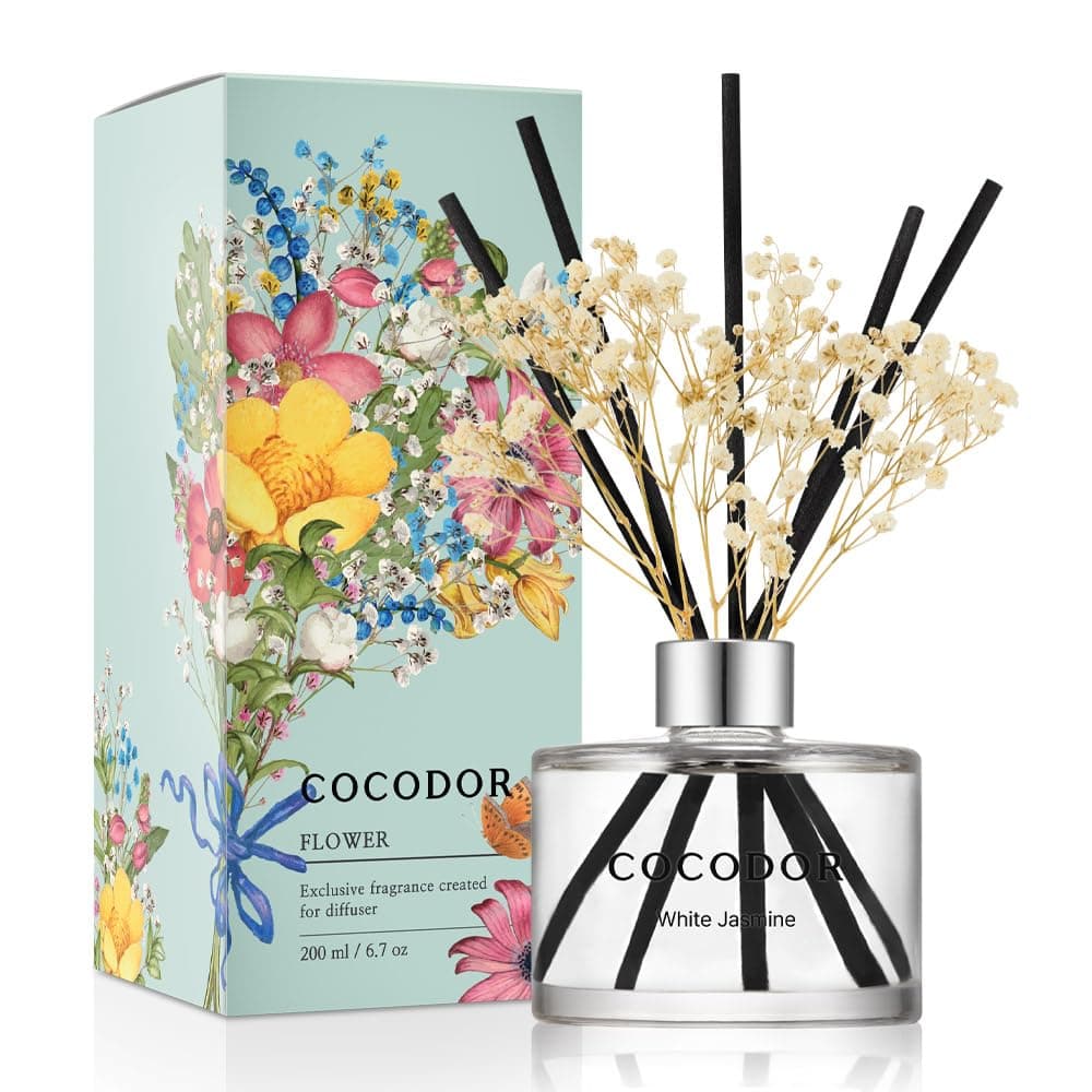 COCODOR Flower Reed Diffuser Set / 6.7oz / White Jasmine/Scent Diffuser with Sticks Home Fragrance Reed Diffuser for Bathroom Shelf Decor