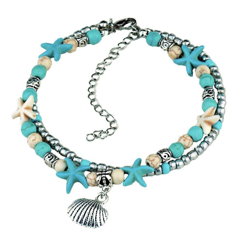 CHRAN Starfish Sea Turtle Anklets Multi Layered Turquoise Stone Beads Boho Beach Charm Anklet for Women