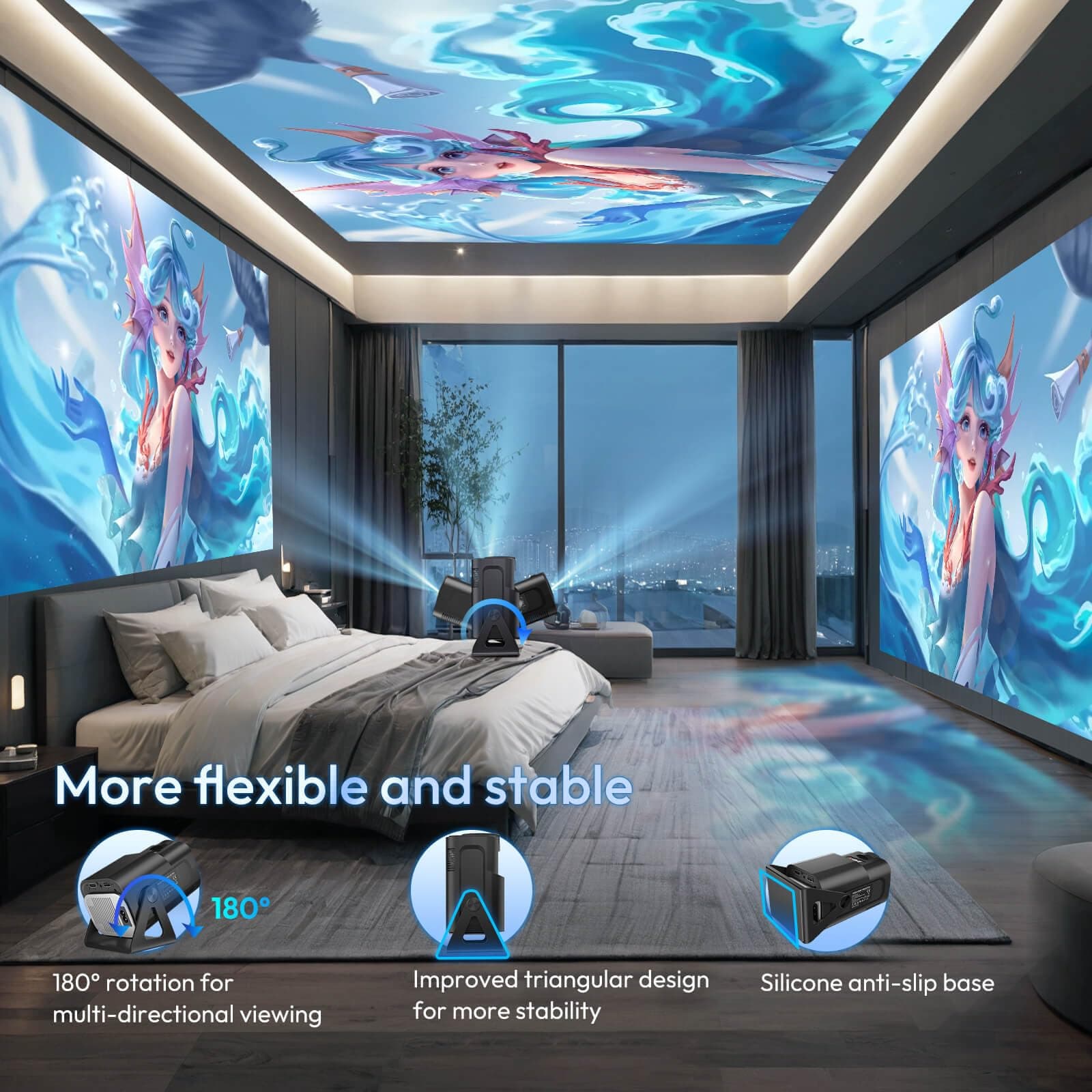 Portable Mini Projector XGODY Gimbal5 - Mini Smart Android 11 HD Projector Supports 1080P 4K WiFi6 BT Home Theater Video Projector with 180° Rotatable Stand Auto Keystone for Android, iOS Matte Black