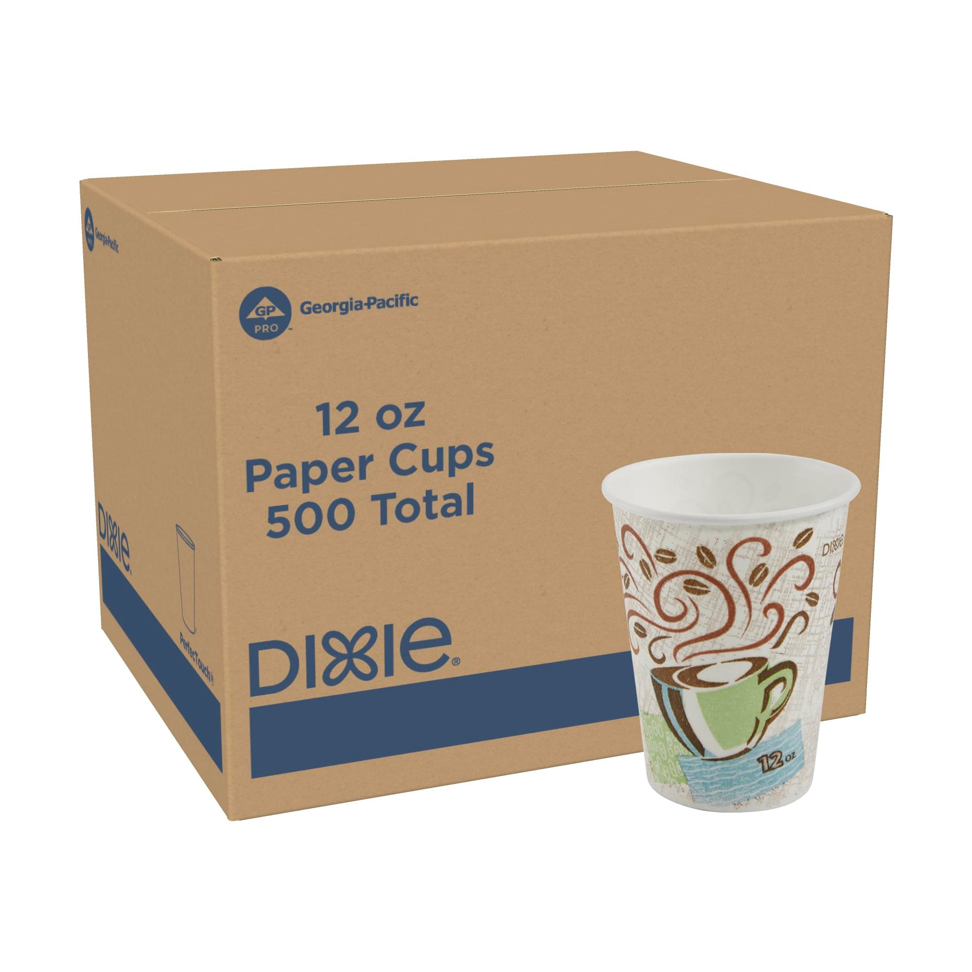 Dixie PerfecTouch 12 oz Paper Coffee Cups by GP PRO, Coffee Haze Design, 500 Count (25 Disposable Cups Sleeve, 20 Sleeves Case), 5342DX