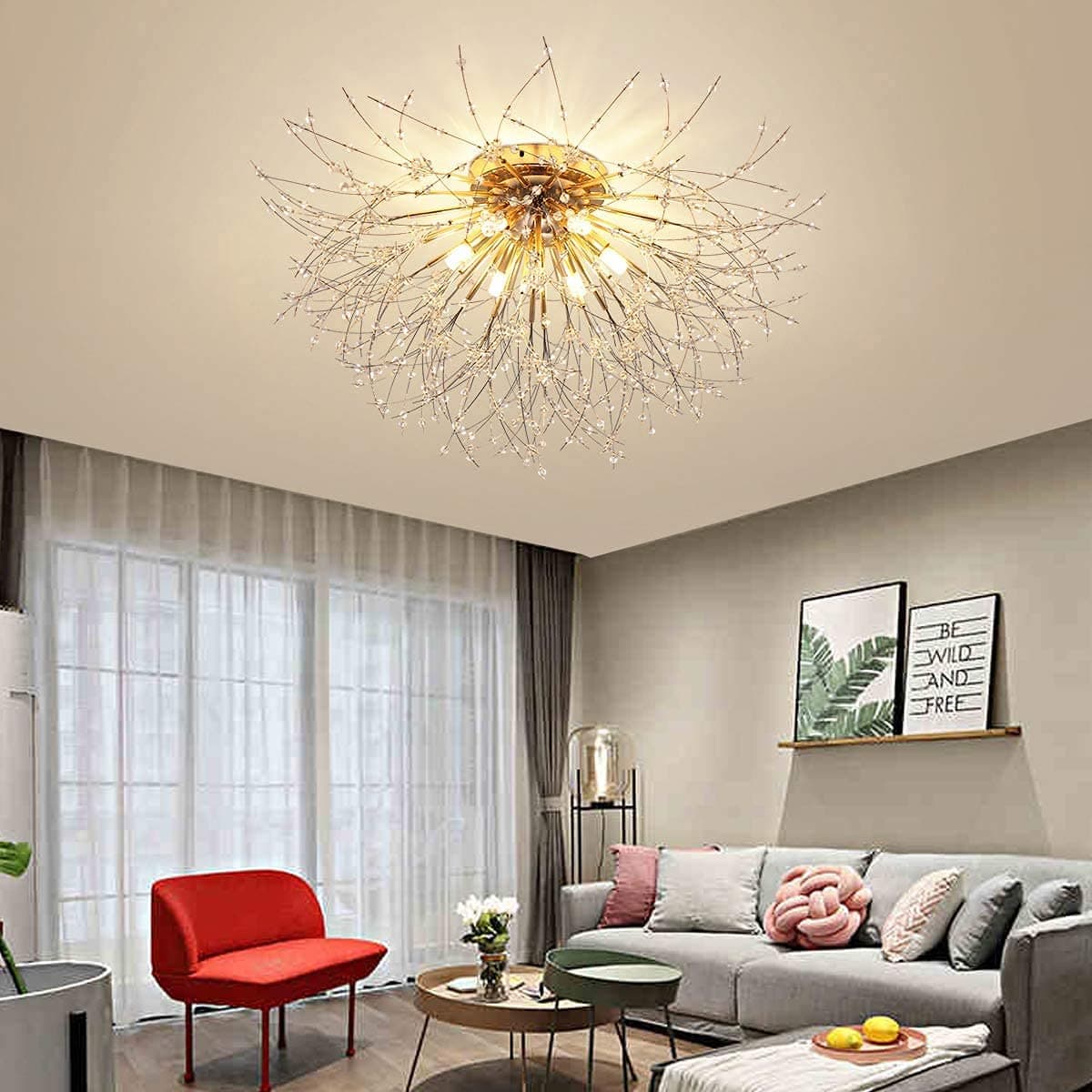 Firework Chandeliers, 6-Lights Sputnik Ceiling Lamp Modern Semi Flush Mount Crystal Ceiling Lighting 62cm LED Ceiling Light Fixtures for Living Room Dining Room Gold,4000K( Bulbs are Included)