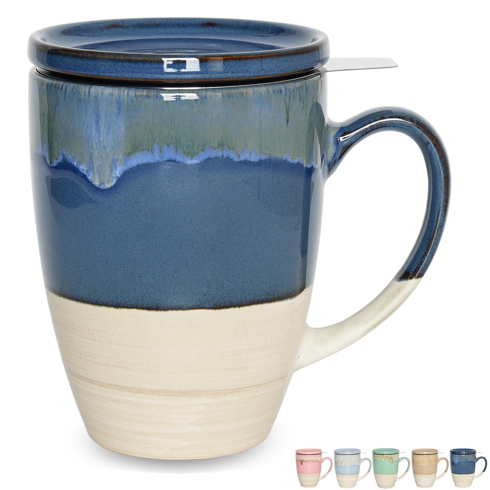 Ceramic Tea Cup with Infuser and Lid, 13.5 Oz, 5 Colors to Choose, Dishwasher and Microwave Safe, Reactive Glaze, Steeping Tea Mug with Strainer (Deep Blue)
