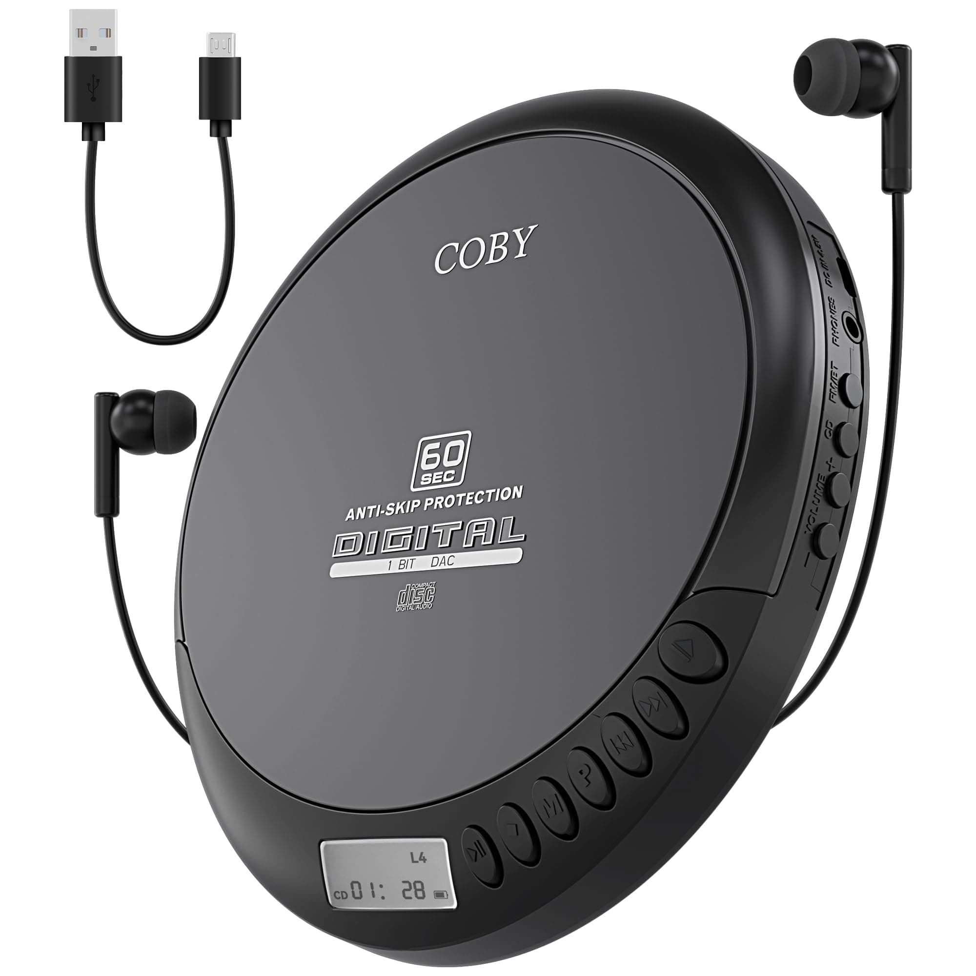 - Coby Portable CD Player with FM Radio and 60-Second Anti-Skip Protection – Compact Walkman-Style Disc Player with LCD Display, Stereo Earbuds & USB Power – Ideal for Home, Travel & Car Use