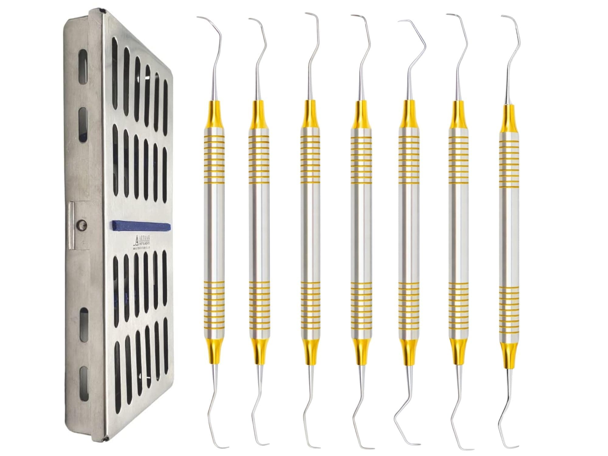 ARTMAN INSTRUMENTS Gracey Curettes Set (7 Pcs) – Most Common Sizes, Gold Plasma Coated, Precision Dental Instruments for Scaling, Root Planing, and Periodontal Treatment in Stainless Steel Cassette