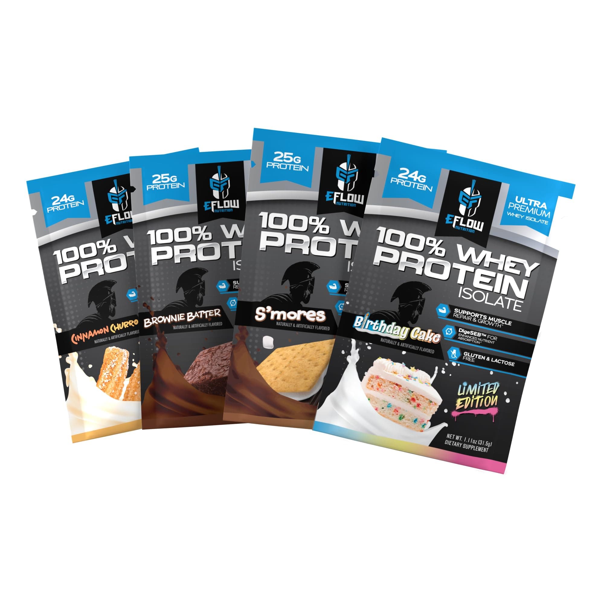 Whey Protein Sample Variety - Isolate Protein Powder Samples, Low Calorie, Fast-digesting, Premium Quality, Travel Packs, Low Carb (4 Pack)