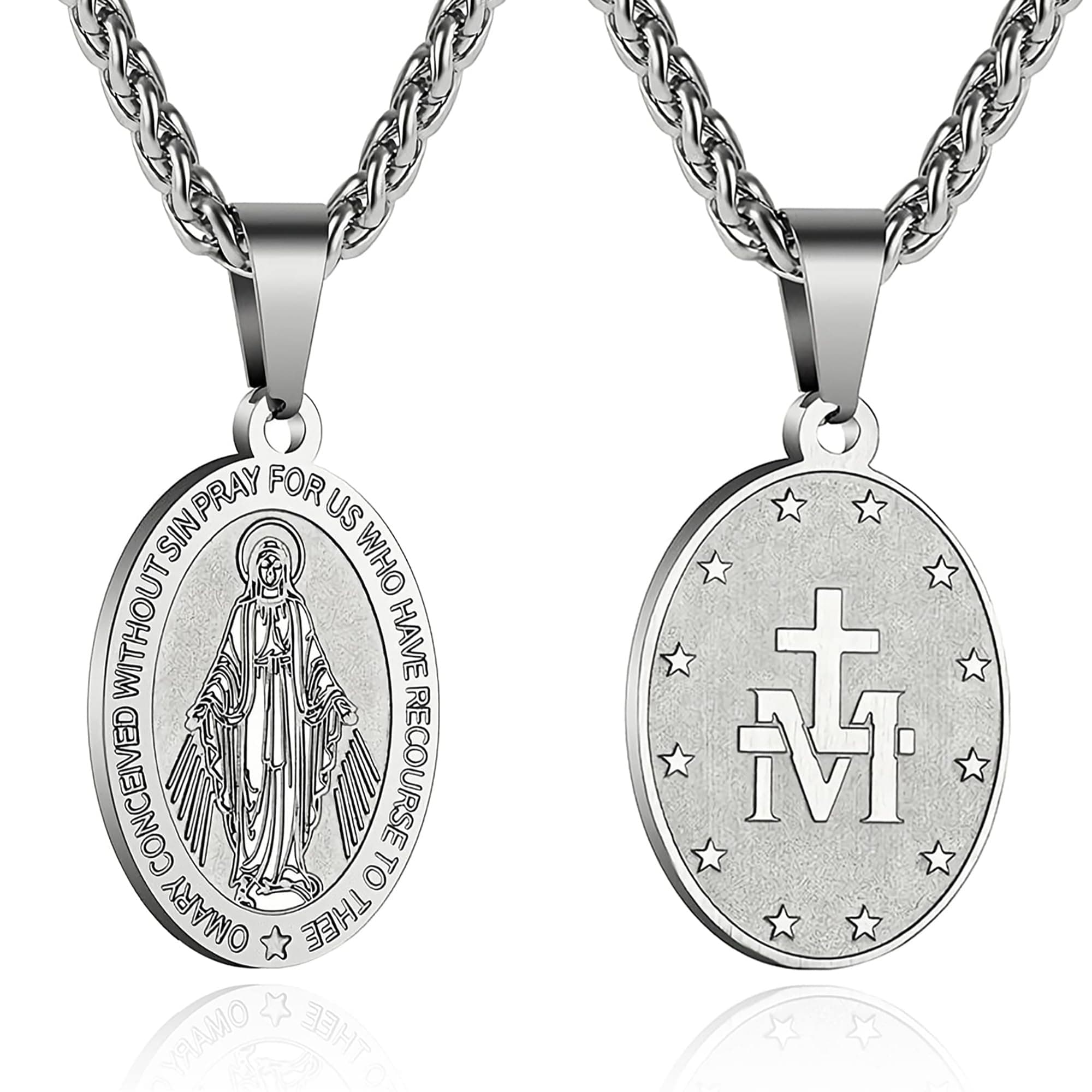 Virgin Mary Necklace for Men Boys Miraculous Medal Stainless Steel Mary Mother of God Pendant Mary Charm