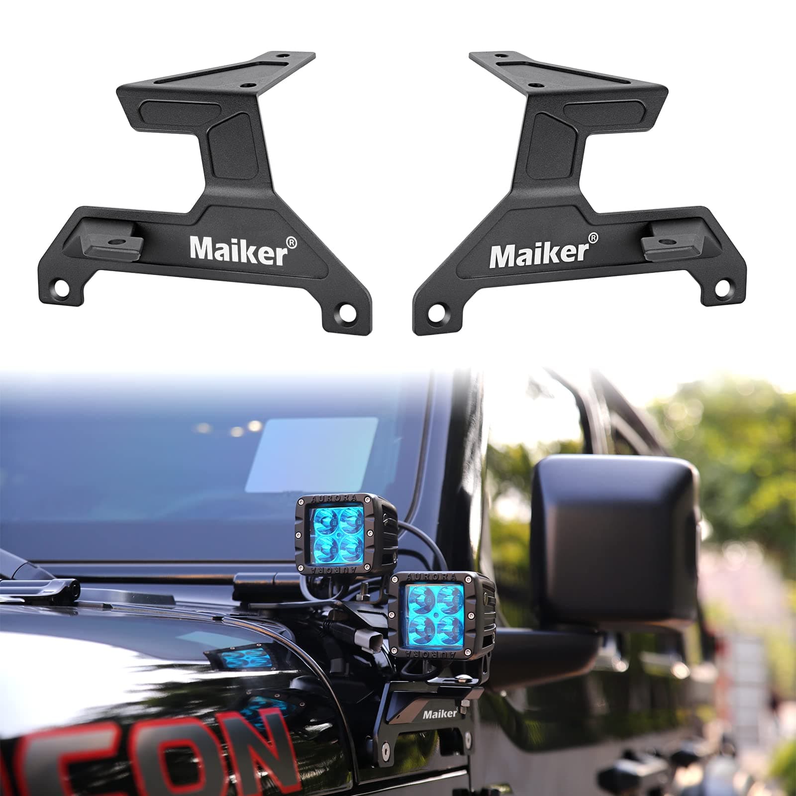 MAIKER Dual A-Pillar Light Mount Dual Lower Windshield Off-Road LED Work Light Mounting Brackets for 2018-2025 Jeep Wrangler JL/JLU & Gladiator JT 1 Pair, Black (Not for Mojave and 392)