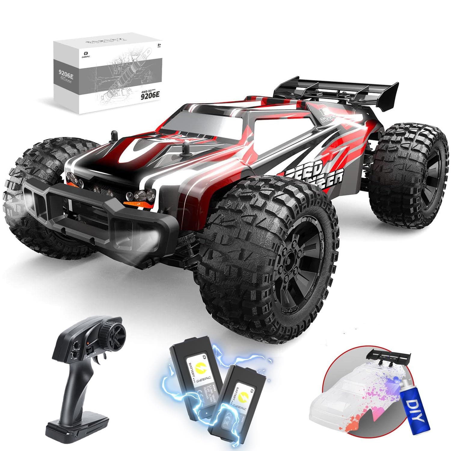 DEERC 9206E DIY Extra Shell 1:10 Scale Large RC Cars,48+ KM/H Hobby Grade High Speed Remote Control Car for Adults Boys,All Terrain 4WD 2.4GHz Off Road Monster RC Truck with 2 Battery for 40+ Min Play