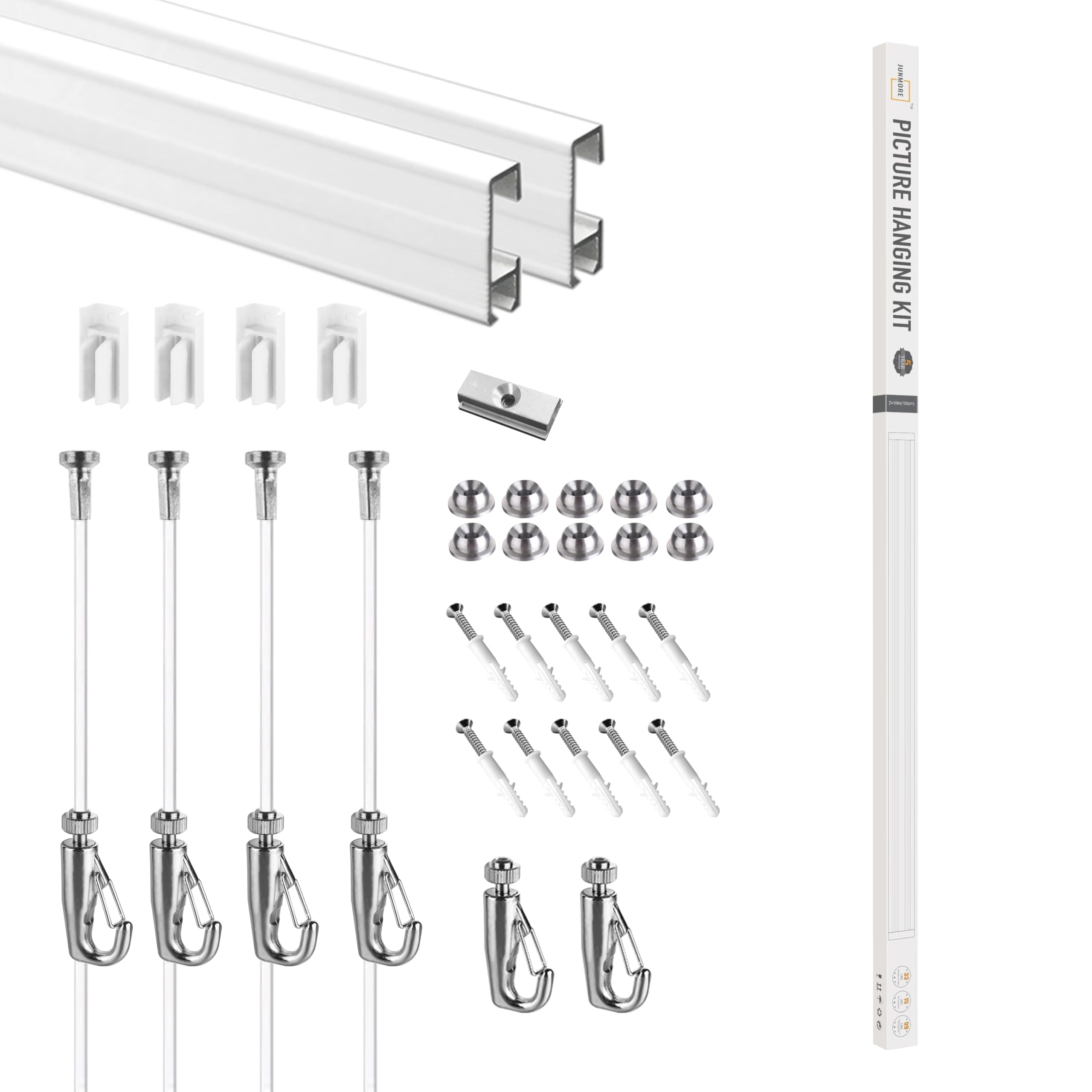 Picture Hanging System Click Rail Kits,in one Set Included Two of White Rails 59", Four of Nylon Cables, six of Hooks, Four of end caps, and Installation Hardware
