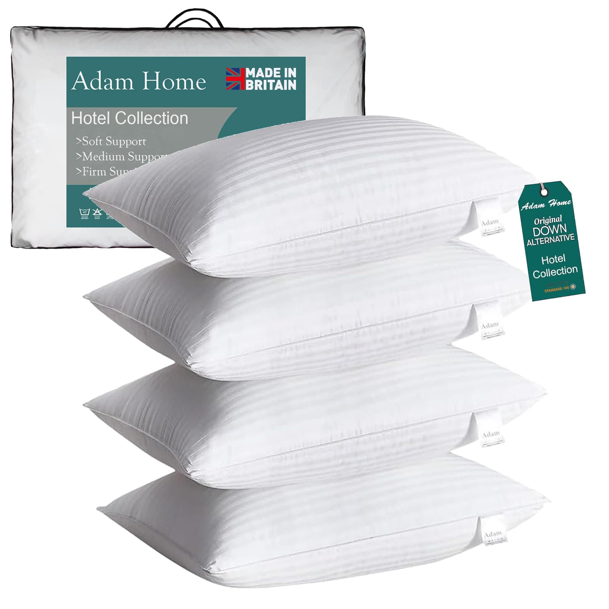 Adam Home Pillows 4 Pack Hotel Quality Side Sleeper Bounce Back Bed Pillow Hypoallergenic & Anti Dust Mite Resistant Premium Filled Hotel Pillows Pack of 4