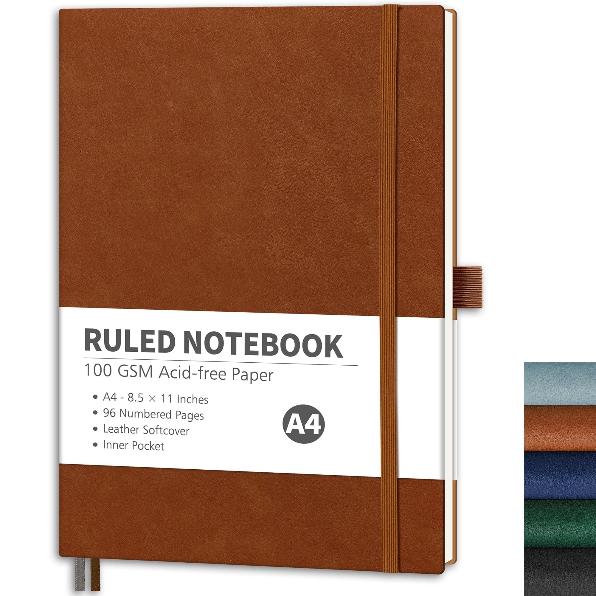 RETTACY Lined Journal Notebook, 96 Numbered Pages, A4 Large Size (8.5'' x 11''), for Men & Women, Journaling, Writing, Work & Office, Leather Softcover, 100 GSM Thick Paper (Brown)