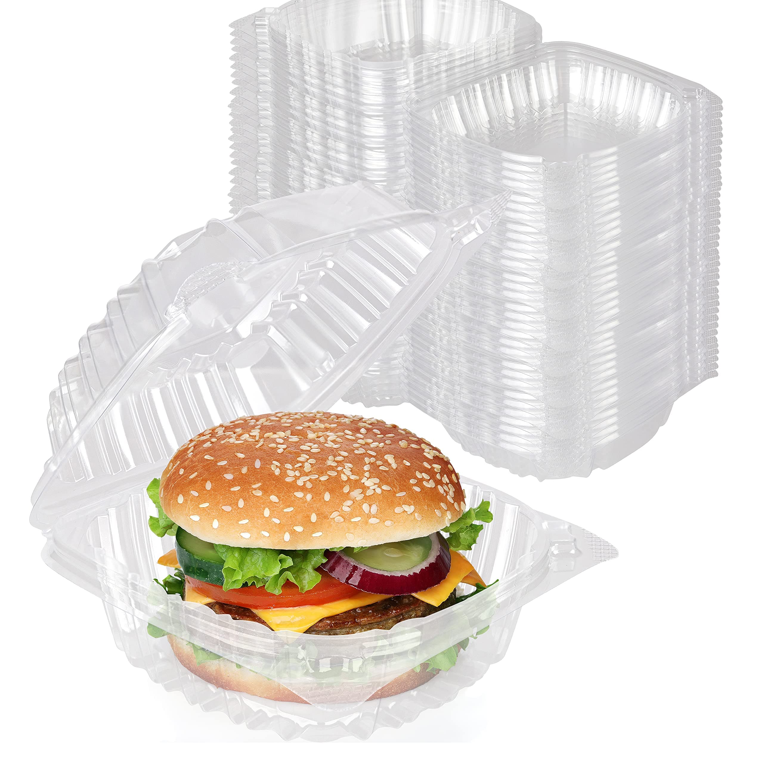 Disposable Plastic To Go Containers with Clear Lids (100 Pack) Fancy Hinged Top Square Clamshell Food Boxes for Take Out, Home Party Togo Clam Shell Box to Carry Cake, Dessert, Small Sandwich