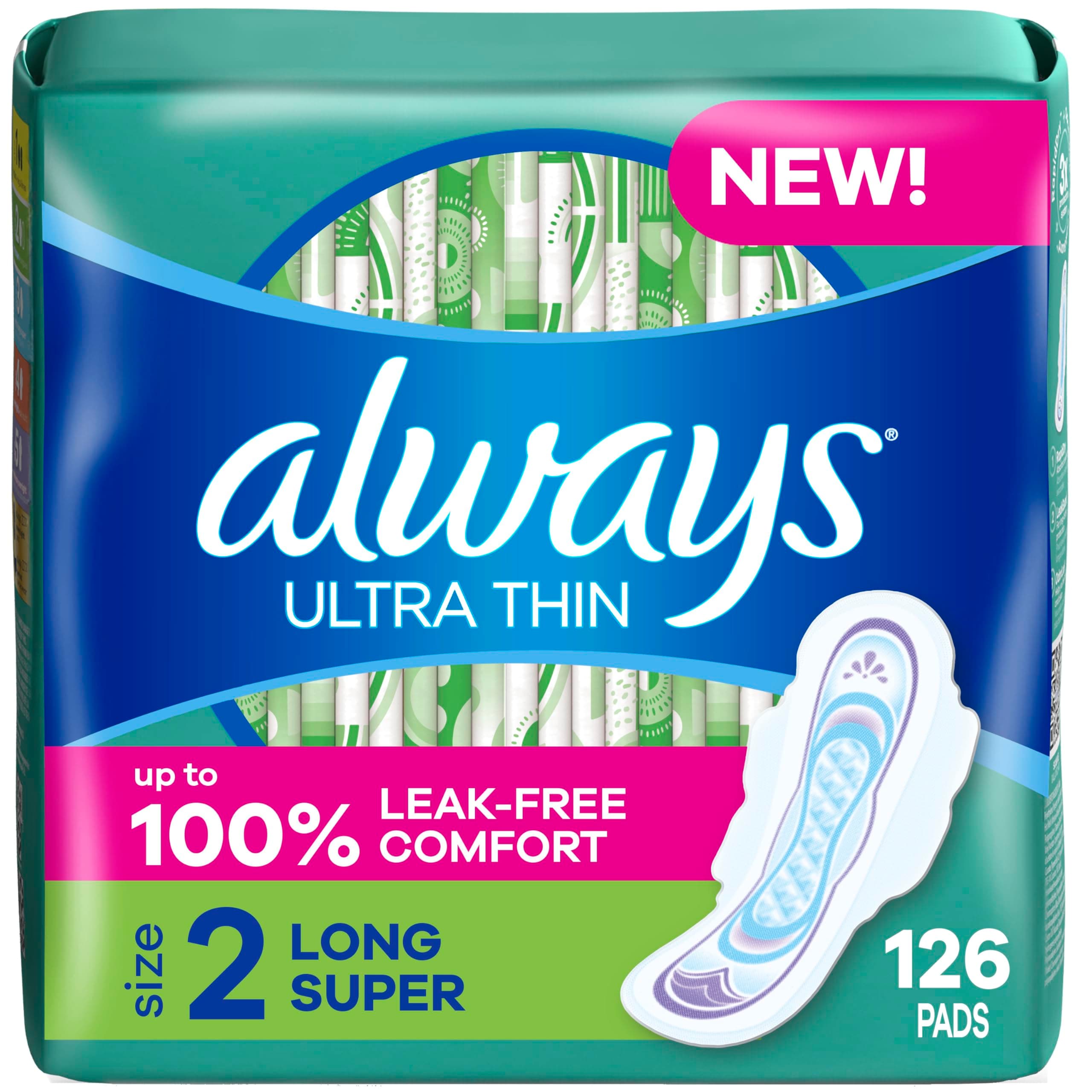 Always Ultra Thin Pads with Wings, Size 2, Long Super, 126 Count (3 Packs of 42)