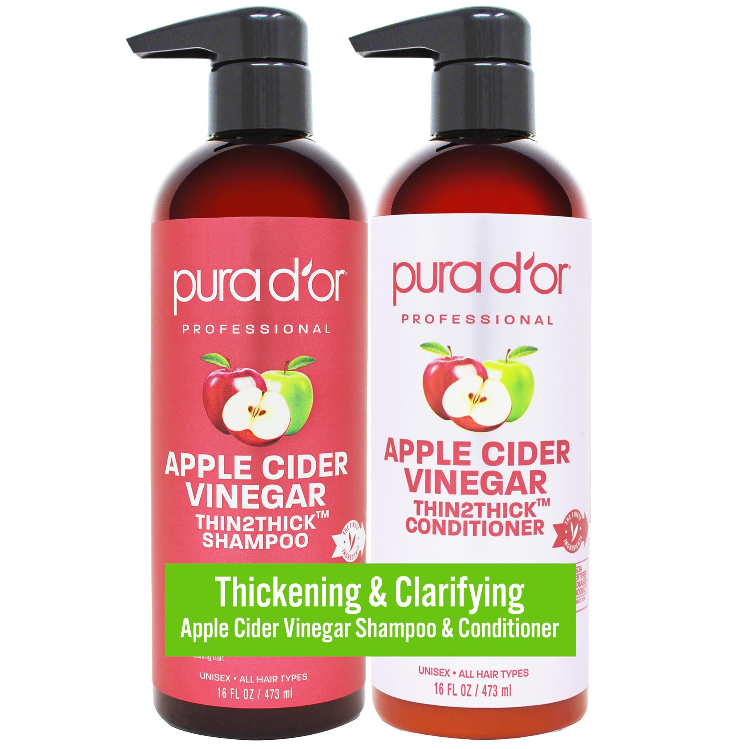 - Apple Cider Vinegar Thin2Thick Set (16oz x 2) ACV Shampoo & Conditioner, Clarifying - Biotin, Keratin, Caffeine, Castor Oil, Aloe - All Hair Types, Men & Women (Packaging may vary)