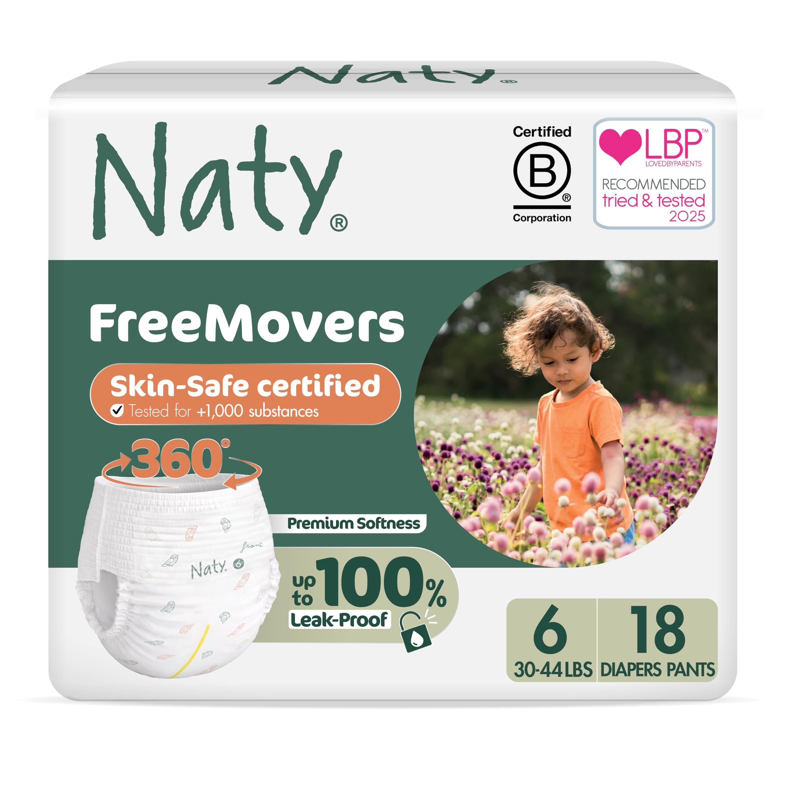 Naty FreeMovers Pull Up Training Pants for Sensitive Skin | Hypoallergenic Potty Training Underwear | Absorbent & Leak-Proof for Toddler | Soft, Unscented | Size 6, 4T–5T (30–44 lbs), 18 Count