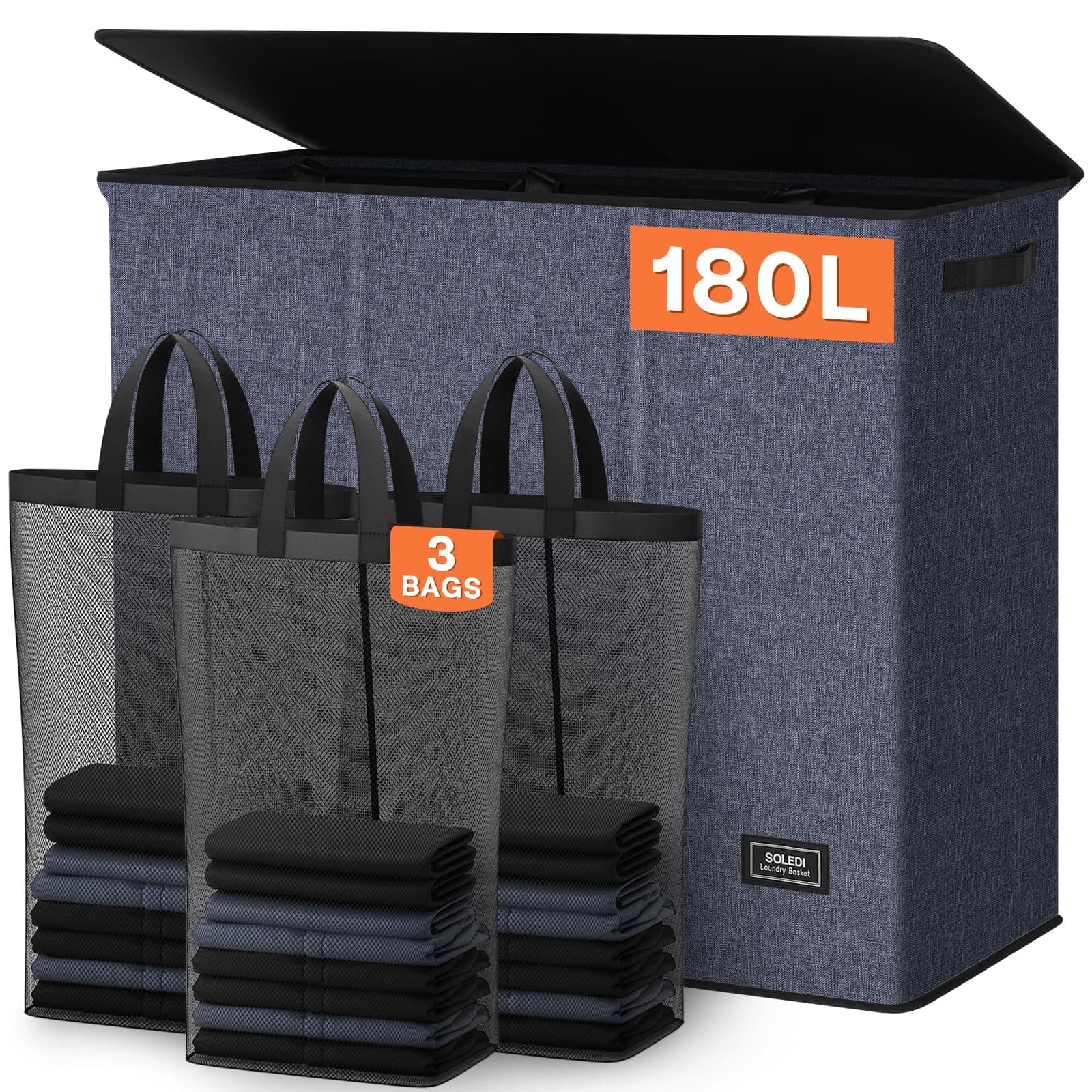 - SOLEDI 180L 3-Section Laundry Hamper with Lid, Extra Large Dirty Clothes Basket with Sturdy Handles for Laundry Room & Bedroom - Durable Organizer for Sorting Laundry